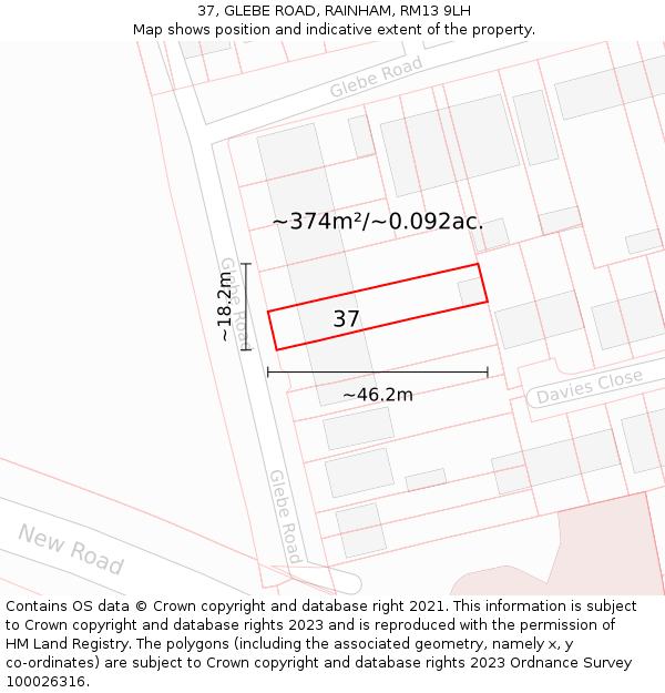 37, GLEBE ROAD, RAINHAM, RM13 9LH: Plot and title map