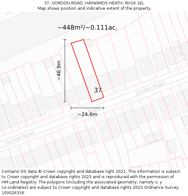 37, GORDON ROAD, HAYWARDS HEATH, RH16 1EL: Plot and title map