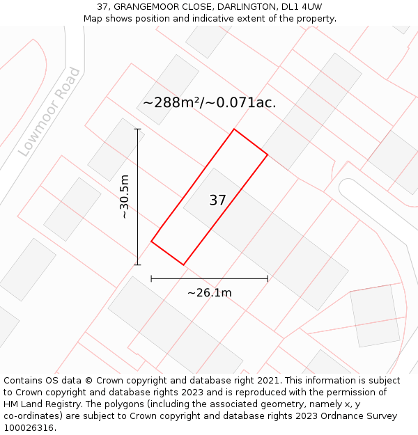 37, GRANGEMOOR CLOSE, DARLINGTON, DL1 4UW: Plot and title map