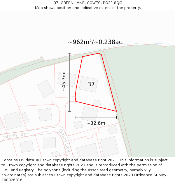 37, GREEN LANE, COWES, PO31 8QG: Plot and title map