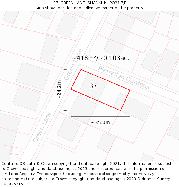 37, GREEN LANE, SHANKLIN, PO37 7JF: Plot and title map