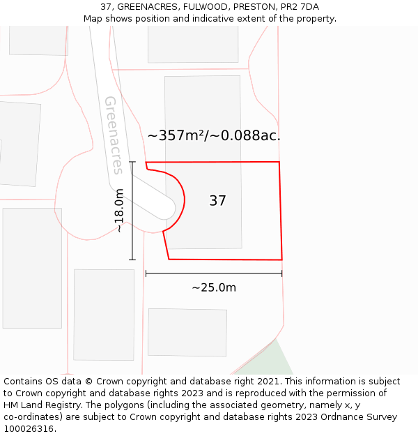 37, GREENACRES, FULWOOD, PRESTON, PR2 7DA: Plot and title map