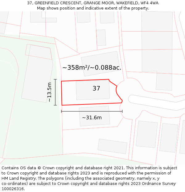 37, GREENFIELD CRESCENT, GRANGE MOOR, WAKEFIELD, WF4 4WA: Plot and title map