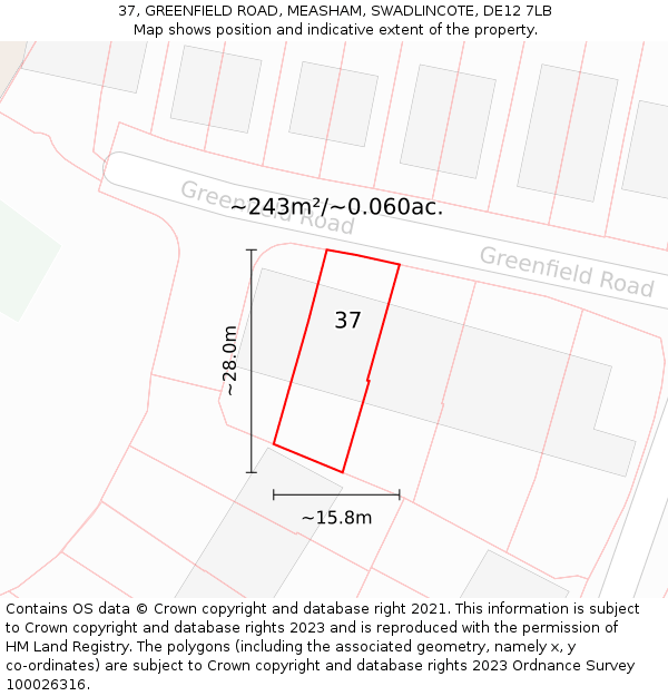 37, GREENFIELD ROAD, MEASHAM, SWADLINCOTE, DE12 7LB: Plot and title map