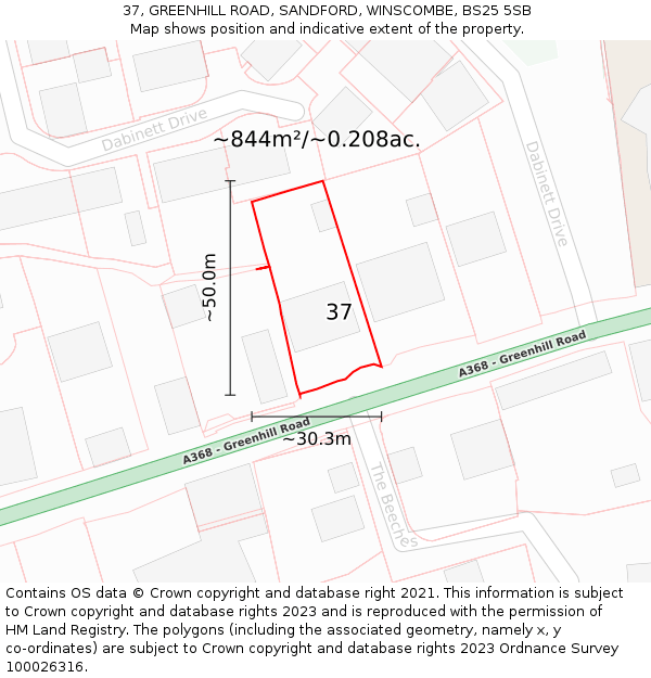 37, GREENHILL ROAD, SANDFORD, WINSCOMBE, BS25 5SB: Plot and title map