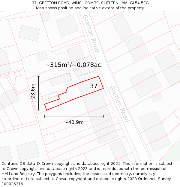 37, GRETTON ROAD, WINCHCOMBE, CHELTENHAM, GL54 5EG: Plot and title map