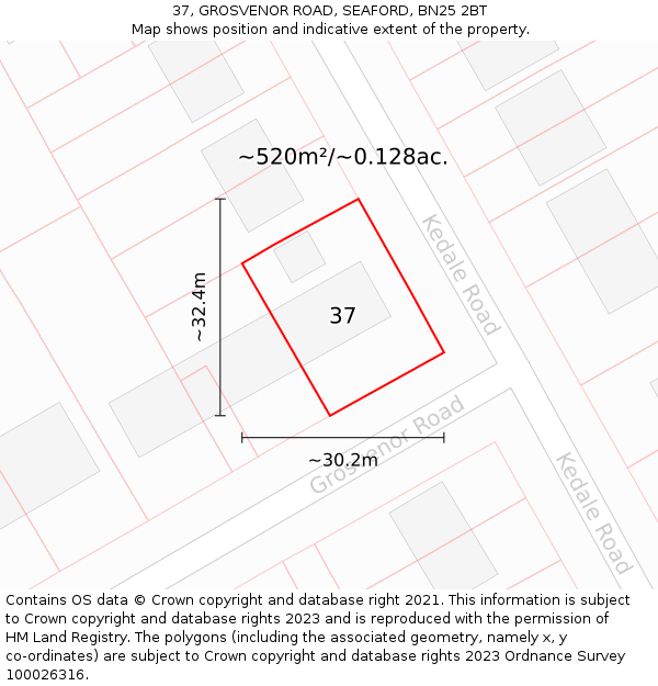 37, GROSVENOR ROAD, SEAFORD, BN25 2BT: Plot and title map