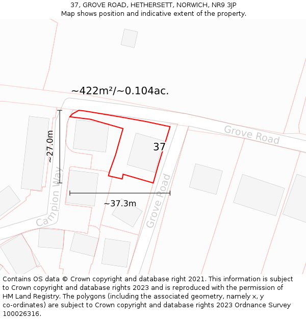 37, GROVE ROAD, HETHERSETT, NORWICH, NR9 3JP: Plot and title map