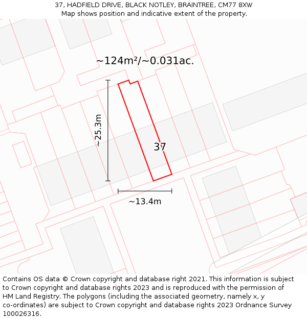 37, HADFIELD DRIVE, BLACK NOTLEY, BRAINTREE, CM77 8XW: Plot and title map