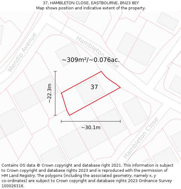 37, HAMBLETON CLOSE, EASTBOURNE, BN23 8EY: Plot and title map