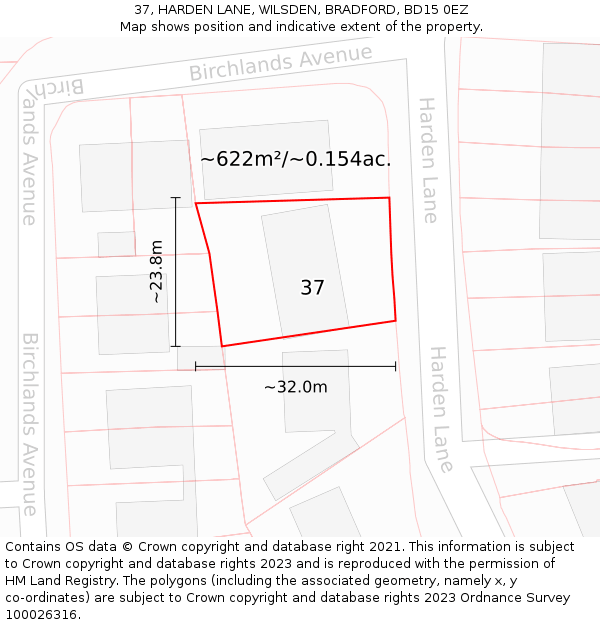 37, HARDEN LANE, WILSDEN, BRADFORD, BD15 0EZ: Plot and title map