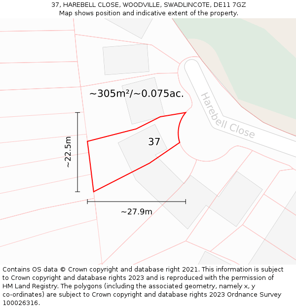 37, HAREBELL CLOSE, WOODVILLE, SWADLINCOTE, DE11 7GZ: Plot and title map