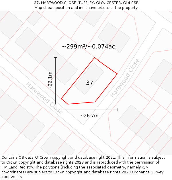 37, HAREWOOD CLOSE, TUFFLEY, GLOUCESTER, GL4 0SR: Plot and title map