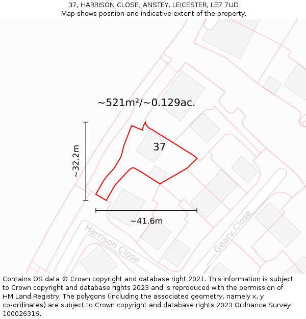 37, HARRISON CLOSE, ANSTEY, LEICESTER, LE7 7UD: Plot and title map