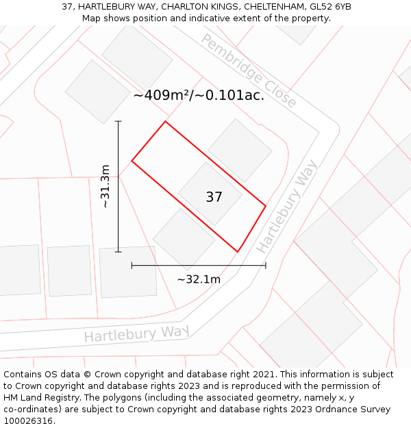 37, HARTLEBURY WAY, CHARLTON KINGS, CHELTENHAM, GL52 6YB: Plot and title map