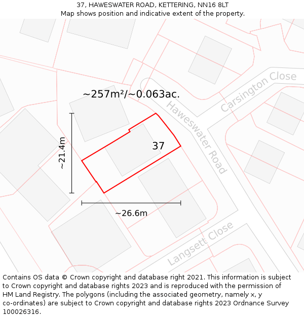 37, HAWESWATER ROAD, KETTERING, NN16 8LT: Plot and title map