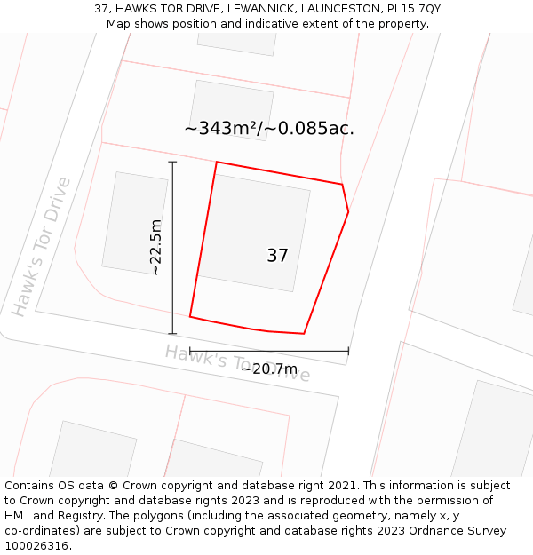 37, HAWKS TOR DRIVE, LEWANNICK, LAUNCESTON, PL15 7QY: Plot and title map