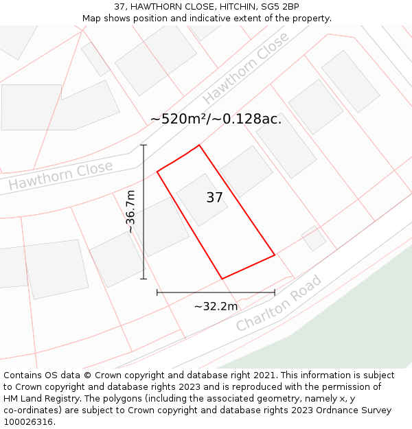 37, HAWTHORN CLOSE, HITCHIN, SG5 2BP: Plot and title map