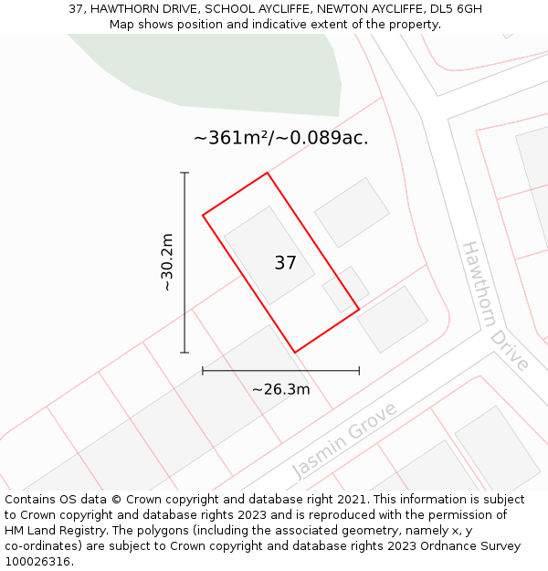 37, HAWTHORN DRIVE, SCHOOL AYCLIFFE, NEWTON AYCLIFFE, DL5 6GH: Plot and title map