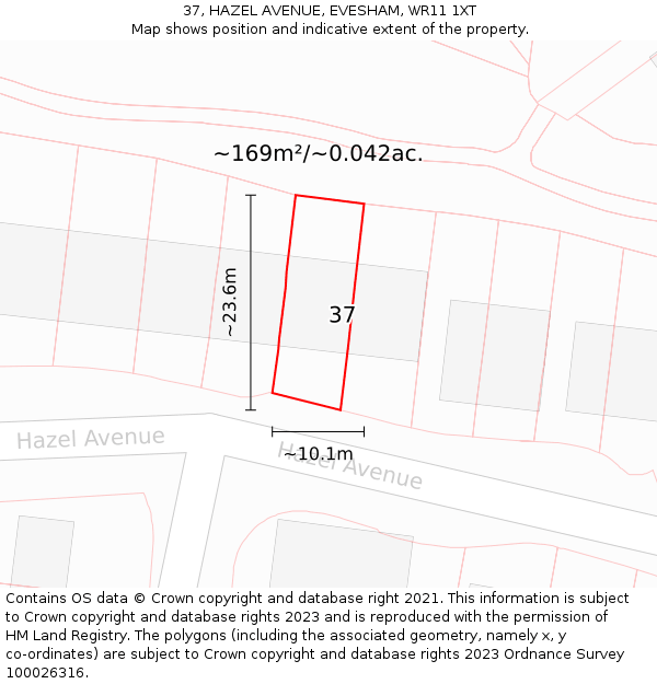 37, HAZEL AVENUE, EVESHAM, WR11 1XT: Plot and title map