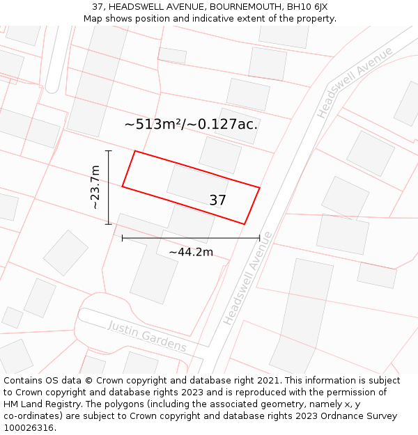 37, HEADSWELL AVENUE, BOURNEMOUTH, BH10 6JX: Plot and title map