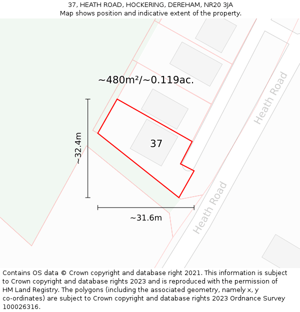 37, HEATH ROAD, HOCKERING, DEREHAM, NR20 3JA: Plot and title map