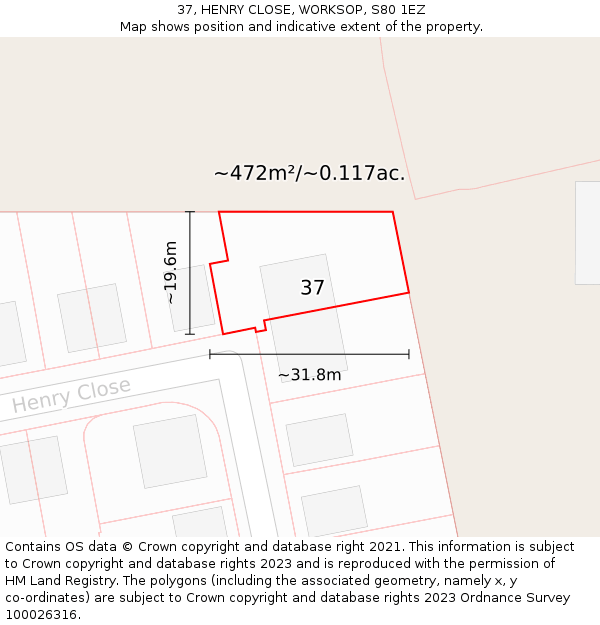 37, HENRY CLOSE, WORKSOP, S80 1EZ: Plot and title map