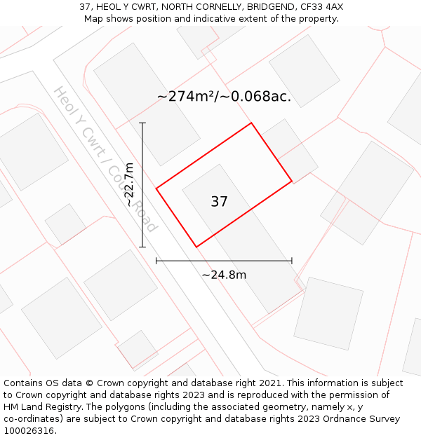 37, HEOL Y CWRT, NORTH CORNELLY, BRIDGEND, CF33 4AX: Plot and title map