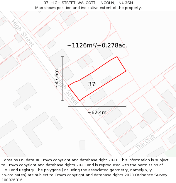 37, HIGH STREET, WALCOTT, LINCOLN, LN4 3SN: Plot and title map