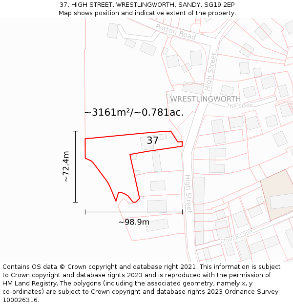 37, HIGH STREET, WRESTLINGWORTH, SANDY, SG19 2EP: Plot and title map