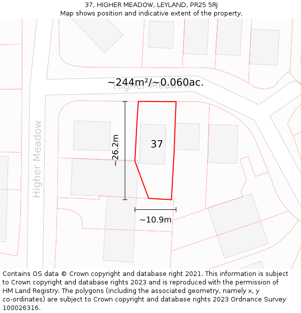 37, HIGHER MEADOW, LEYLAND, PR25 5RJ: Plot and title map