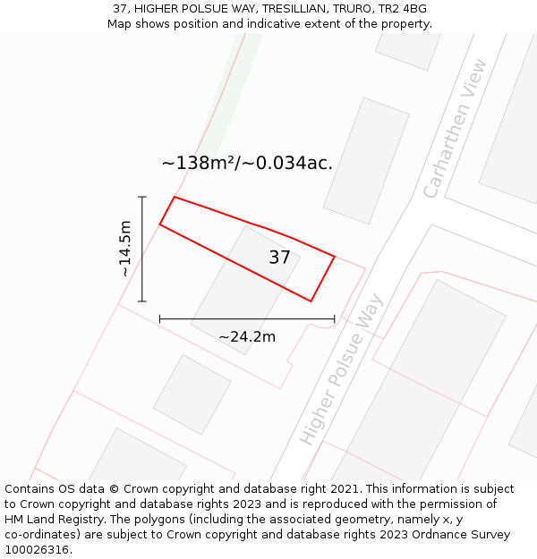 37, HIGHER POLSUE WAY, TRESILLIAN, TRURO, TR2 4BG: Plot and title map