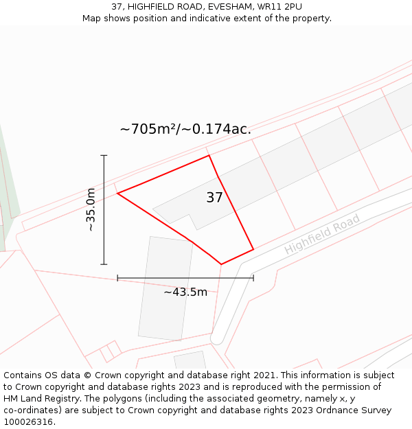 37, HIGHFIELD ROAD, EVESHAM, WR11 2PU: Plot and title map
