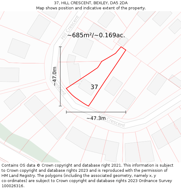 37, HILL CRESCENT, BEXLEY, DA5 2DA: Plot and title map