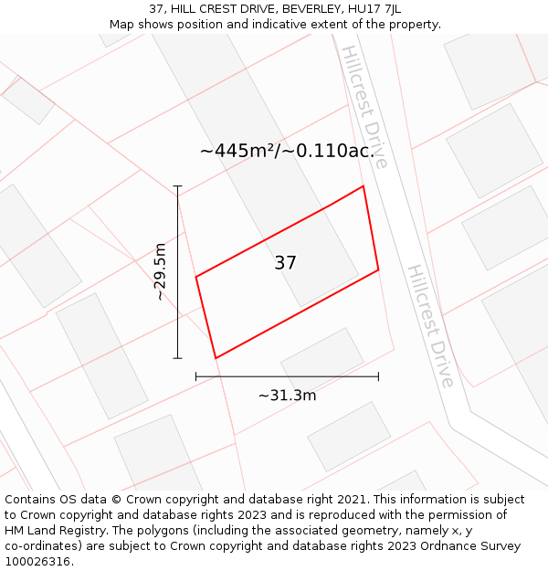 37, HILL CREST DRIVE, BEVERLEY, HU17 7JL: Plot and title map