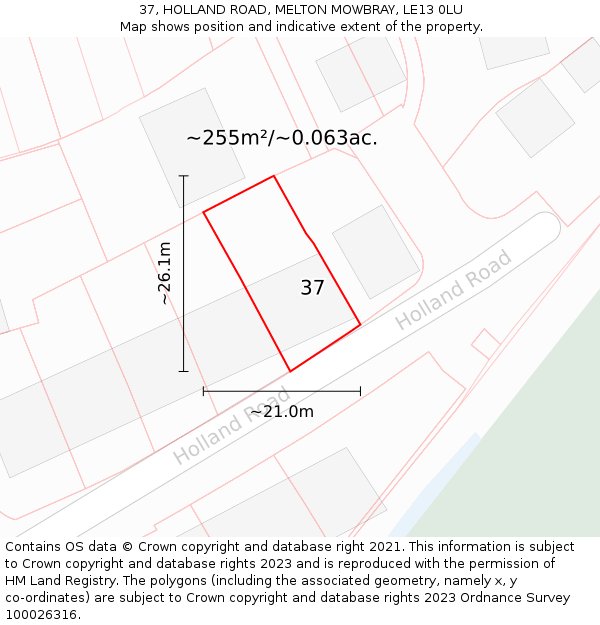 37, HOLLAND ROAD, MELTON MOWBRAY, LE13 0LU: Plot and title map