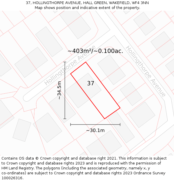 37, HOLLINGTHORPE AVENUE, HALL GREEN, WAKEFIELD, WF4 3NN: Plot and title map