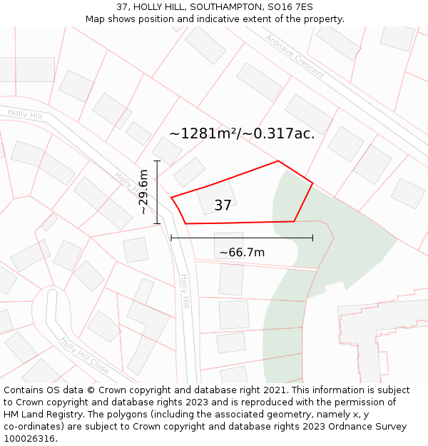 37, HOLLY HILL, SOUTHAMPTON, SO16 7ES: Plot and title map