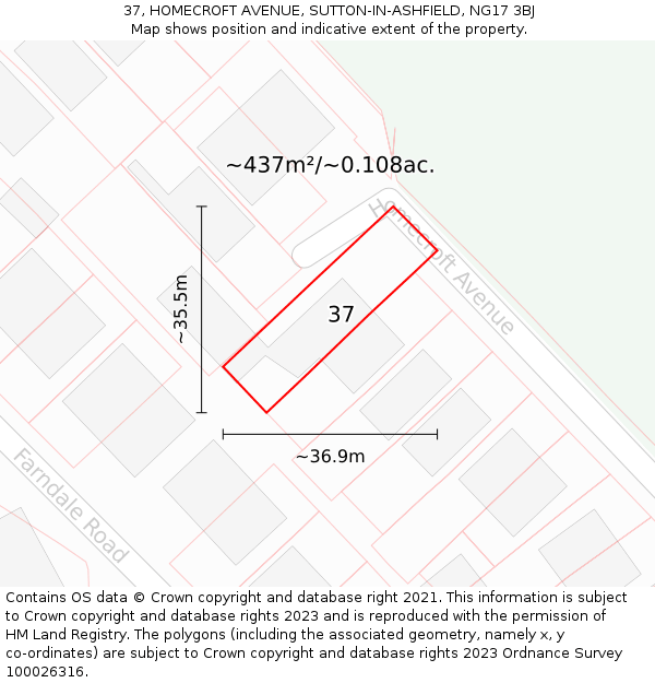 37, HOMECROFT AVENUE, SUTTON-IN-ASHFIELD, NG17 3BJ: Plot and title map