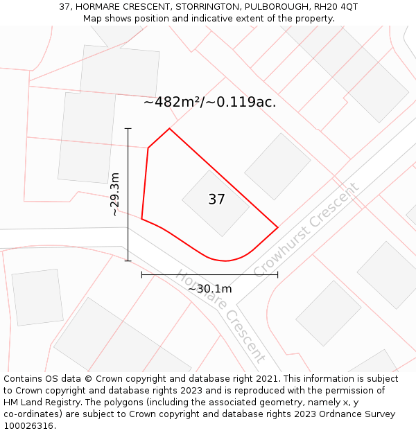 37, HORMARE CRESCENT, STORRINGTON, PULBOROUGH, RH20 4QT: Plot and title map