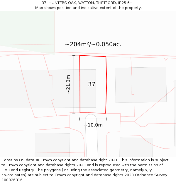 37, HUNTERS OAK, WATTON, THETFORD, IP25 6HL: Plot and title map