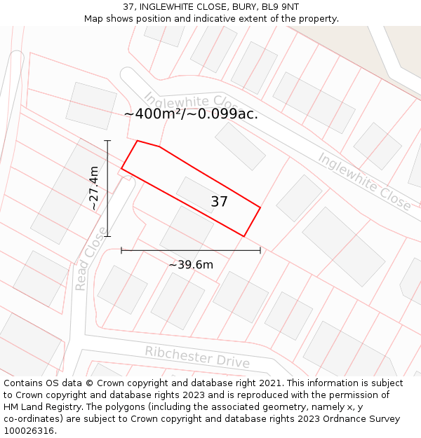 37, INGLEWHITE CLOSE, BURY, BL9 9NT: Plot and title map