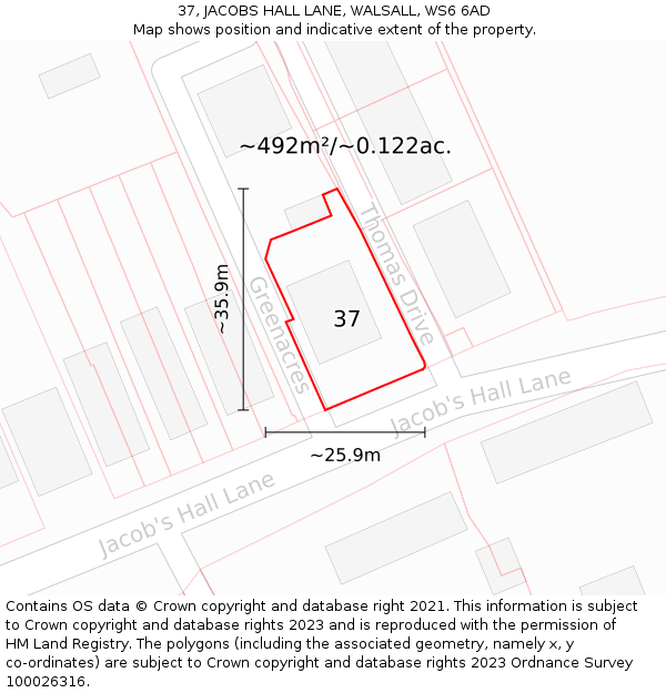 37, JACOBS HALL LANE, WALSALL, WS6 6AD: Plot and title map