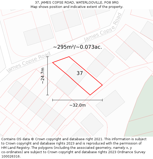 37, JAMES COPSE ROAD, WATERLOOVILLE, PO8 9RG: Plot and title map