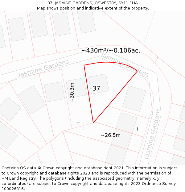 37, JASMINE GARDENS, OSWESTRY, SY11 1UA: Plot and title map