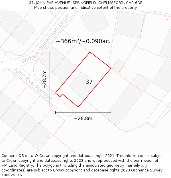 37, JOHN EVE AVENUE, SPRINGFIELD, CHELMSFORD, CM1 6DE: Plot and title map