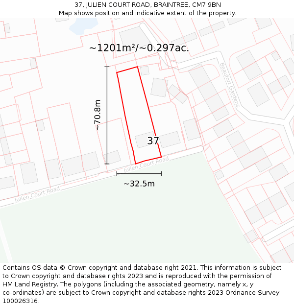 37, JULIEN COURT ROAD, BRAINTREE, CM7 9BN: Plot and title map
