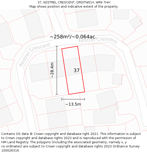 37, KESTREL CRESCENT, DROITWICH, WR9 7HH: Plot and title map