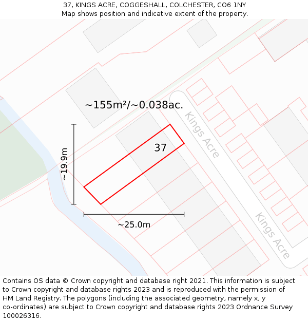 37, KINGS ACRE, COGGESHALL, COLCHESTER, CO6 1NY: Plot and title map