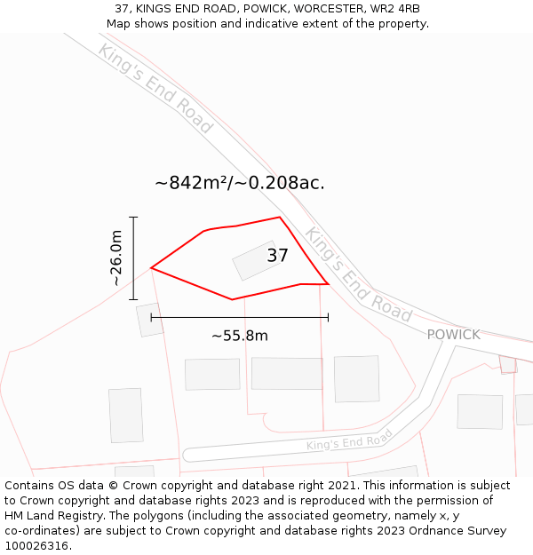 37, KINGS END ROAD, POWICK, WORCESTER, WR2 4RB: Plot and title map